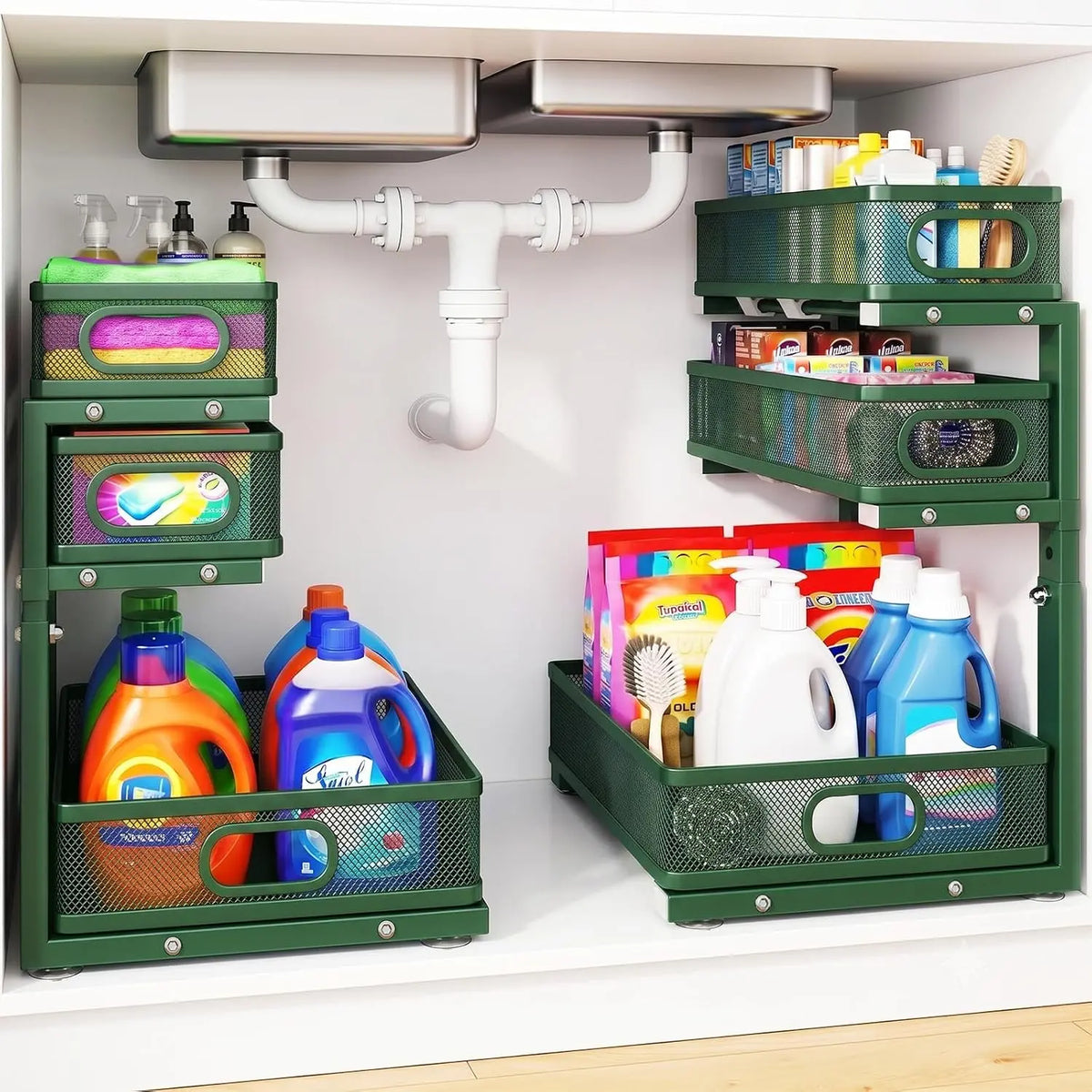 Under Sink Organizer, 3 Tier Pull Out Cabinet Organizer with 5 Adjustable Heights, Metal Under Sink Storage with Sliding Drawers for Kitchen, Bathroom, Pantry and Laundry Room, 2-Pack White