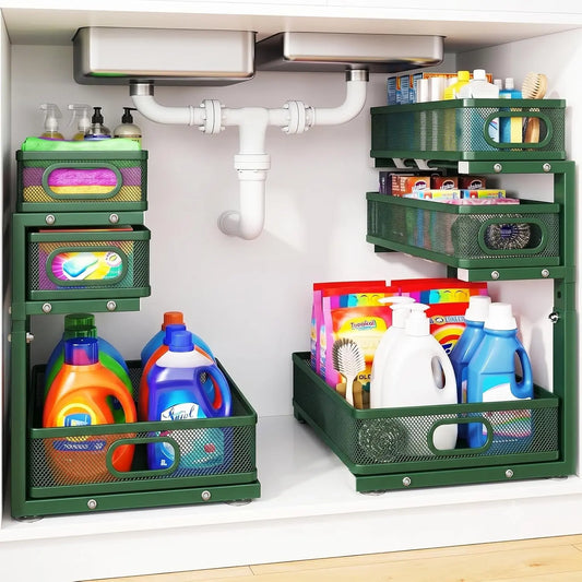 Under Sink Organizer, 3 Tier Pull Out Cabinet Organizer with 5 Adjustable Heights, Metal Under Sink Storage with Sliding Drawers for Kitchen, Bathroom, Pantry and Laundry Room, 2-Pack White