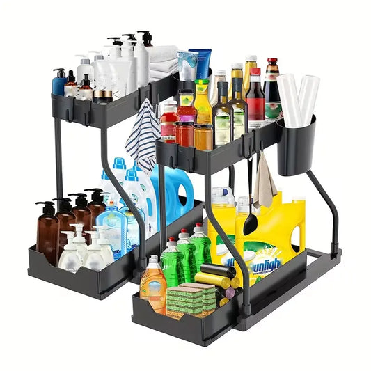 2pcs Under Sink Organizer with Sliding Pull-Out Shelves - Durable Dual-Layer Adjustable Dish Drainer Rack, Space-Saving Home Storage Solution for Bathroom & Kitchen, Sleek Design, prettyisms Trinket Box Compatibility