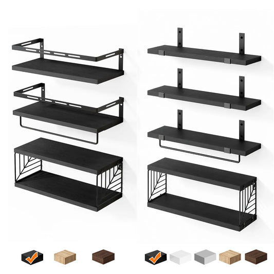Fixwal Floating Shelves Wall Mounted Set - Bathroom & Bedroom Decor, with Black Metal Brackets, Toilet Paper Holder, Towel Bar & Hooks, sohochic style