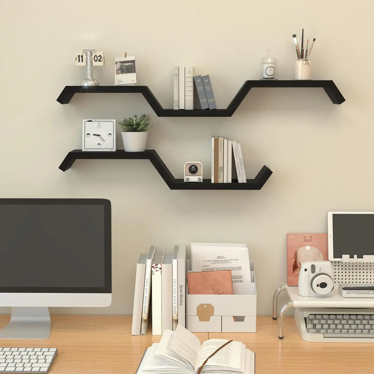 Black Solid Wood Floating Wall Shelf - Waterproof, Small Relief Textured, Wall-Mount Indoor Furniture Shelves for Bathroom, Living Room, Decorative Use