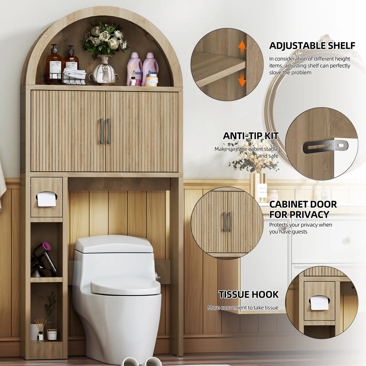 AHB Over-The-Toilet Raised Wall Cabinet - Farmhouse Compact Multifunctional Storage Cabinet with Elegant Arched Design, Adjustable Shelf, Bathroom Storage Organizer,dorm essentials,home decor, #SohoChic