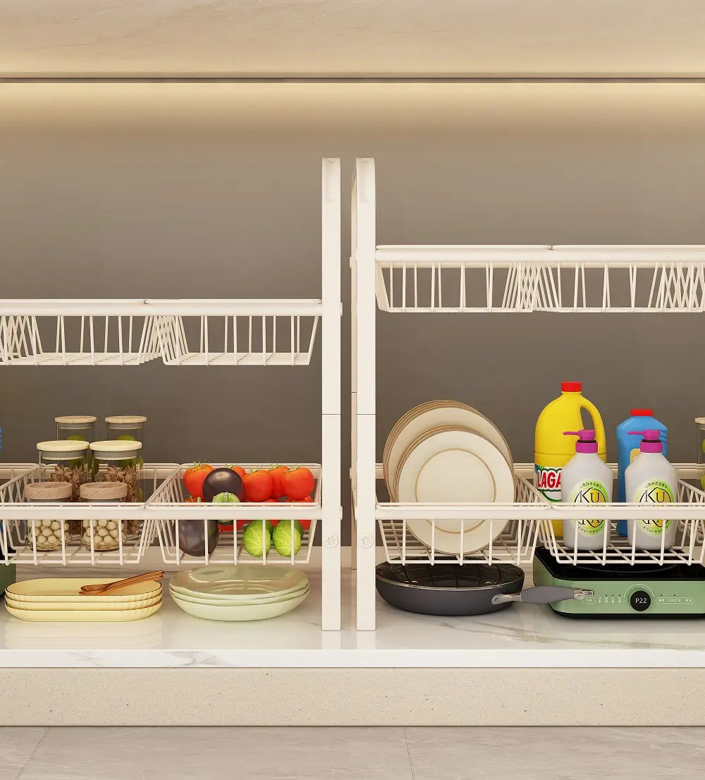 2-Tier Expandable Rectangle Under Sink Organizer Rack - Home Supplies with 4 Removable Baskets, 4 Removable Panels for Cabinet, Cloakroom Storage Organization