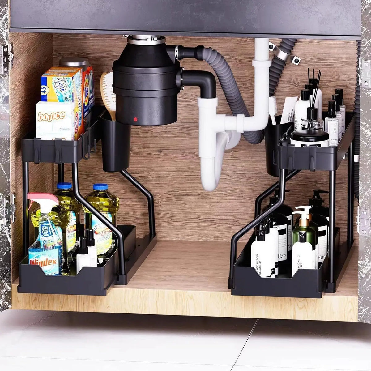 2-Tier Under-Sink Pull-Out Storage Organizer, Sliding Cabinet Shelf with Hanging Cup Holder, Space-Saving Rack for Kitchen, Bathroom
