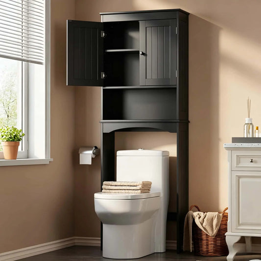 Over-the-Toilet Bathroom Storage Cabinet, Freestanding Space Saver with Double Door Cabinet & Open Shelf, Anti-Tip Organizer Rack for Bathroom, Laundry Room & Washroom, Black/White