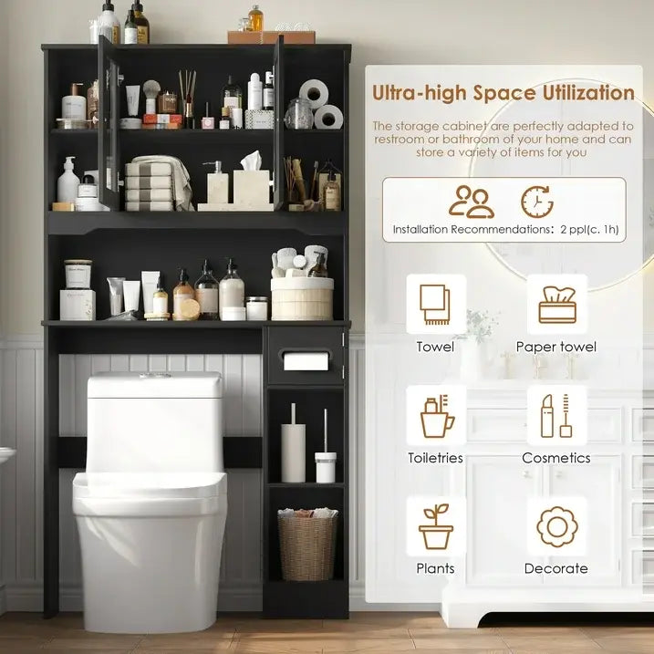 FOTOSOK Over The Toilet Storage Cabinet with Glass Doors & Built-in Tissue Holder, Space-Saving Bathroom Organizer Shelf for Bathroom and Laundry Room