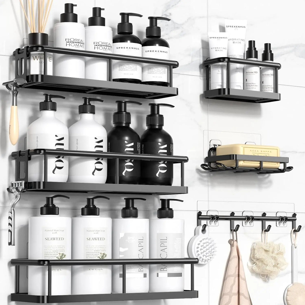 ZUZZEE 3-Count Metal Shower Organizer - Punch-Free, Removable, Waterproof, Wall-Mounted, Adjustable Black Round Hollow Drain Bathroom Corner Shelves, Eco-Friendly Bath Storage, Soap Holder, Modern Home Decor, Apartment Essentials Gift, Bathroom Decor,soho