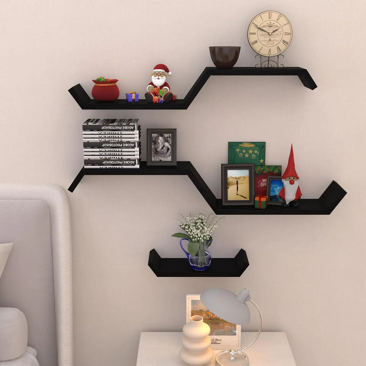 Black Solid Wood Floating Wall Shelf - Waterproof, Small Relief Textured, Wall-Mount Indoor Furniture Shelves for Bathroom, Living Room, Decorative Use