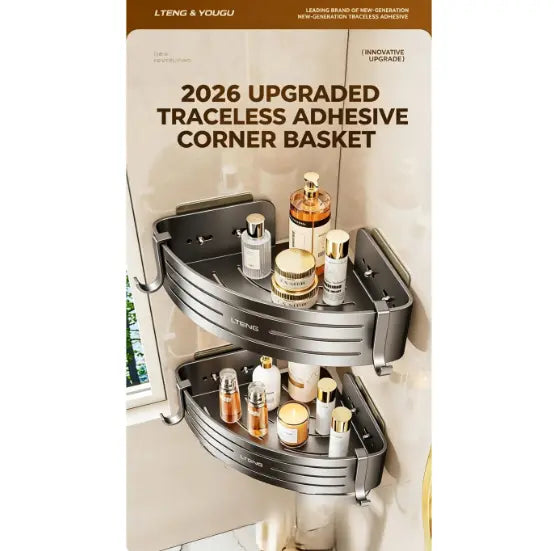 2-Pack No-Drill Bathroom Corner Caddy Shelf, Wall-Mounted Triangle Shower Organizer with Movable Hooks, Rust-Resistant Gunmetal Gray Aluminum Storage Rack for Shower & Bathroom